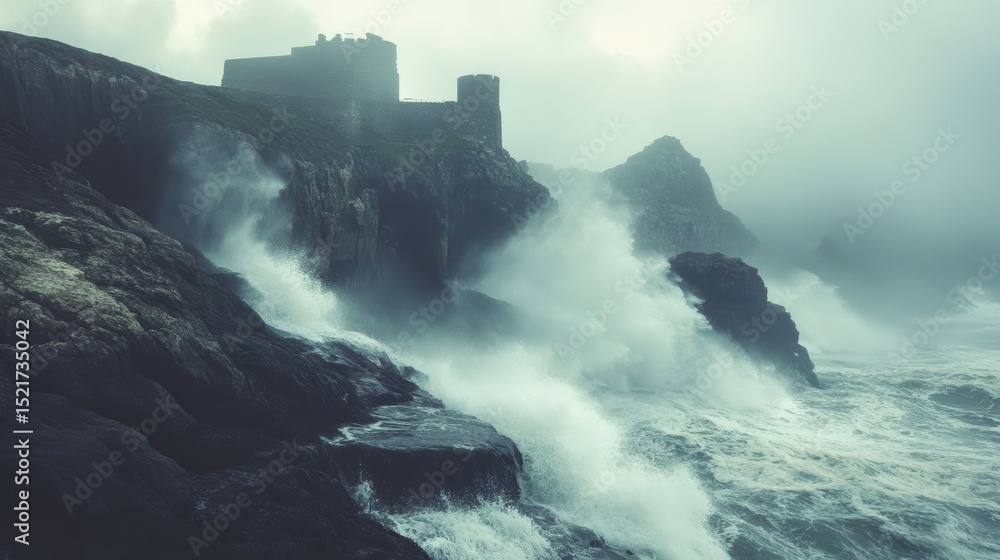 The atmosphere is both dramatic and powerful, with the mist swirling around the castle and the sea crashing violently against the rocks The atmosphere is both dramatic and powerful, with the mist swirling around the castle and the sea crashing violently against the rocks