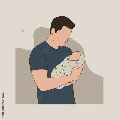 Father holding newborn baby gently in his arms.  Newborn baby swaddled in soft beige fabric.  Tender moment between father and child. Perfect image for Father's Day cards or announcements.
