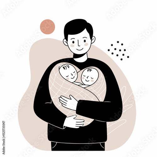 Happy father holding newborn twins swaddled in blankets. Proud dad embraces his babies, symbol of paternal love and family bond.  Perfect image for Father's Day cards, announcements, and family blogs.