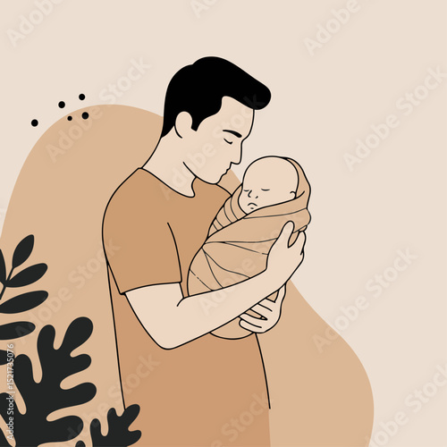Father holding newborn baby wrapped in soft blanket. Tender moment between dad and infant, showcasing paternal love and care. Perfect image for Father's Day cards, family blogs,