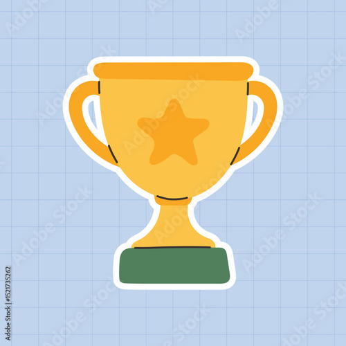 Gold trophy cup sticker with star icon and green base — flat vector illustration of a winner’s award symbol, perfect for achievement badges, school rewards, sports recognition, educational games.