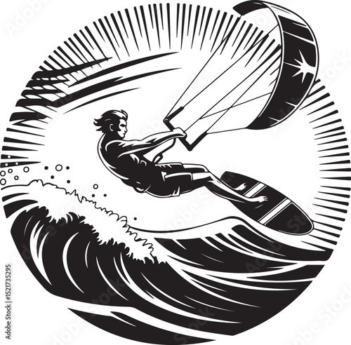 Kitesurfing Action Wave Rider, Extreme Sports, Ocean Adventure Illustration