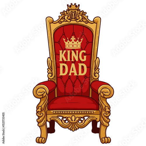 King dad throne chair red and gold. Father's Day gift concept with regal throne for best dad ever.  Father's Day design featuring stylish king dad throne for greeting cards and social media posts.