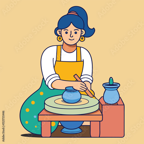 A woman makes pottery on a pottery wheel, symbolizing craftsmanship, creativity, and hands-on artistry.