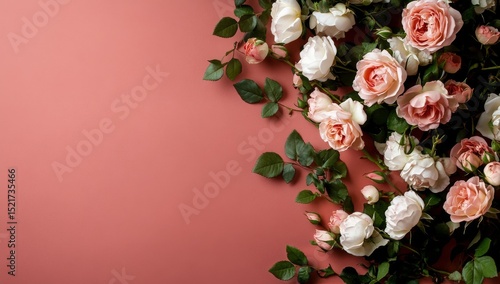 Beautiful Arrangement of Pink and White Roses With Green Leaves on a Coral Ba...