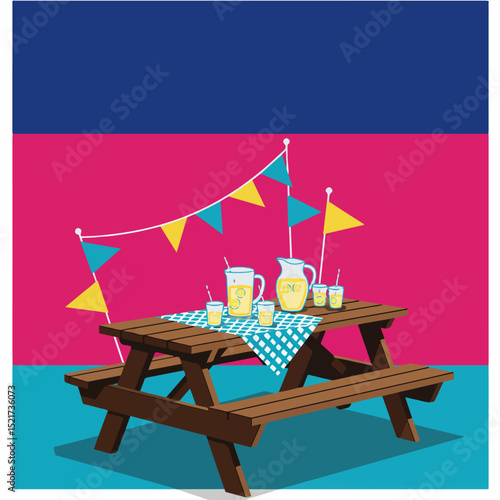 Refreshing lemonade on picnic table with bunting. Summer party scene includes pitchers and glasses of lemonade. Perfect lemonade image for summer party invitations and advertisements.