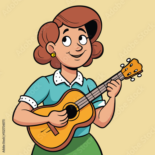 A woman plays the ukulele, strumming gently, conveying a relaxed, joyful, and musical mood.