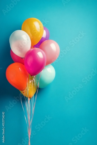 Bright Balloons in Vibrant Colors Tied Together Against a Blue Background
