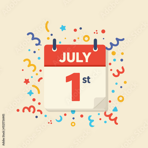 July 1st calendar page design. First day of july concept with colorful confetti and decorations. Perfect july 1st illustration for social media, greeting cards, and website banners.