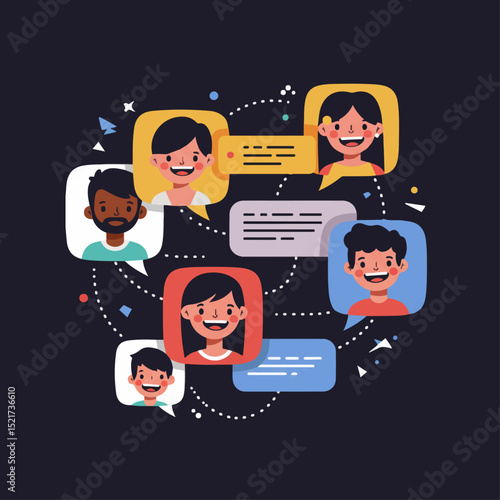 Diverse group online chat. Happy people communicate using internet. Social media communication concept for online community.
