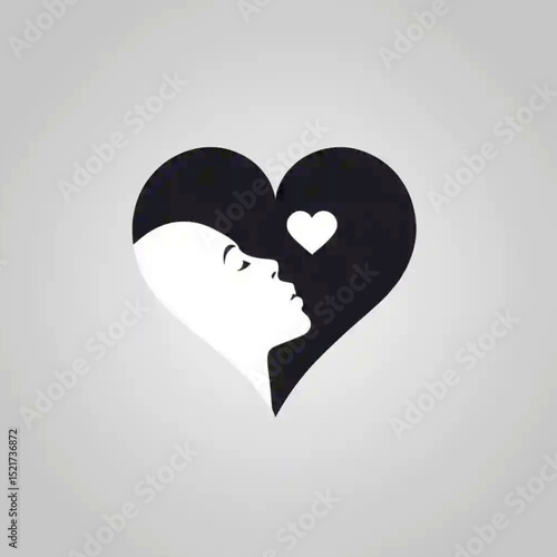 Black and white silhouette of a woman in a heart shape with a love symbol on a gray background