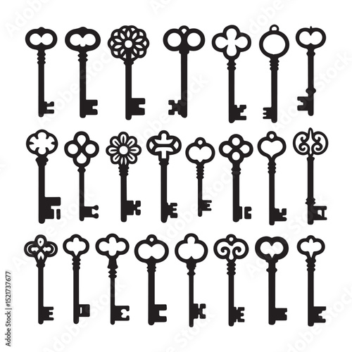 Antique and vintage skeleton keys form a seamless pattern, illustrating a collection of old metal door and lock symbols