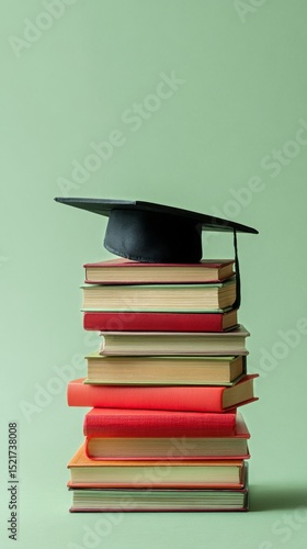 Stack of Colorful Books With Graduation Cap on Top Symbolizing Academic Achie...