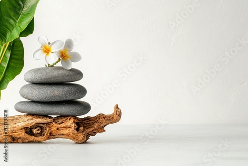 Delicate White Flowers Resting on Three Stacked Stones Alongside a Piece of D...
