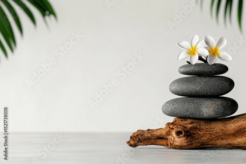 Stone Stack With Flowers on Driftwood in a Calm Indoor Setting for Relaxation...
