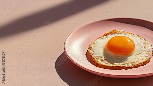 Fried Egg on a Pink Plate Illuminated by Soft Sunlight in a Minimalist Kitche...