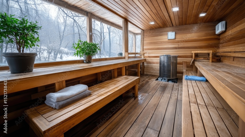 Fototapeta premium Experience the warmth of a traditional Russian bathhouse, featuring wooden benches and panoramic snowy views through the large windows