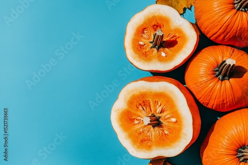 Colorful Pumpkins Arranged on a Blue Background Ideal for Autumn Decoration I...