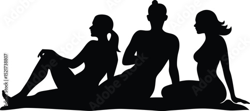 group of friends sunbathing black silhouette on white background