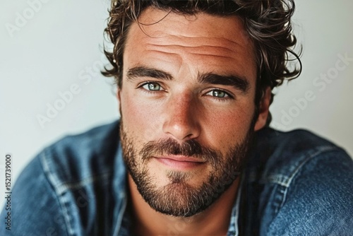 Young Man With Curly Hair and Beard Posing Casually in a Denim Jacket Indoors