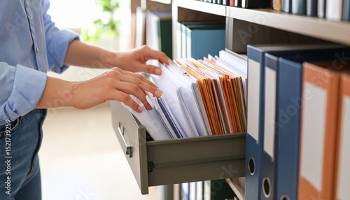 A scene where documents are organized in files and the person checks the files to find documents