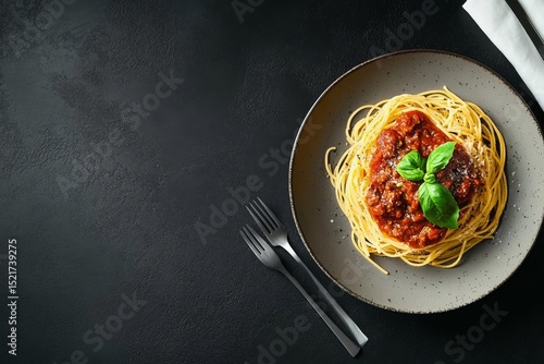 Delicious Spaghetti Served With Tomato Sauce and Fresh Basil on a Stylish Plate