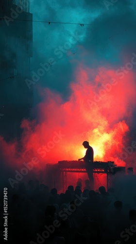 Vibrant DJ performance in a smoky atmosphere at an outdoor event during nighttime