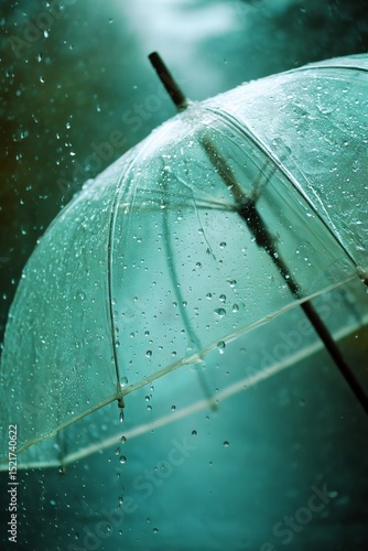 Transparent Umbrella Catches Raindrops Under Soft Blue Light on a Rainy Day.