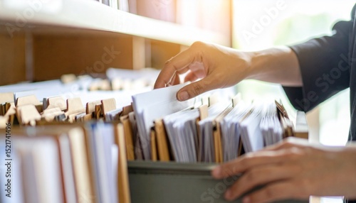 A scene where documents are organized in files and the person checks the files to find documents