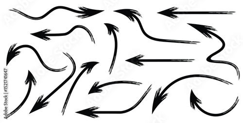 Hand-sketched arrows with expressive brush lines and curves, Collection of flowing arrows in bold freehand style