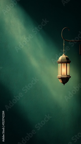 Hanging Lantern Illuminates Teal Wall in Softly Lit Indoor Space During Eveni...