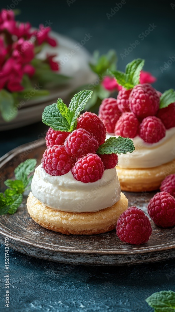 Delicious raspberry desserts presented on a rustic plate with fresh mint leaves and a floral backdrop Delicious raspberry desserts presented on a rustic plate with fresh mint leaves and a floral backdrop