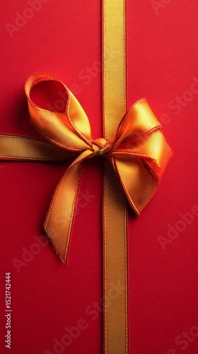 Elegant Golden Bow on Red Gift Wrap for Special Occasions and Celebrations.