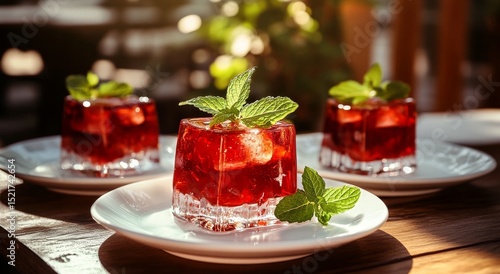 Refreshing Mint Drinks Served on a Sunny Day in a Lush Garden Setting.