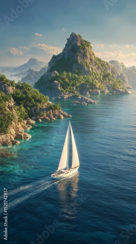 Sailboat Glides Through Clear Waters Near Lush Green Island During a Calm Aft...