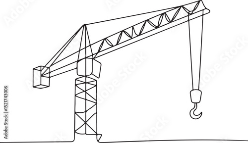 Continuous one line drawing of a construction tower crane, minimal outline vector art, industrial machinery line illustration

