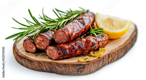 Grilled Sausages With Rosemary and Lemon on a Wooden Board Ready for Serving