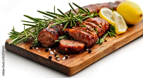 Grilled Sausages With Rosemary and Lemon on a Wooden Board Ready for Serving.