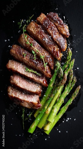 Juicy Grilled Steak Slices Served With Fresh Asparagus on a Black Slate Platter