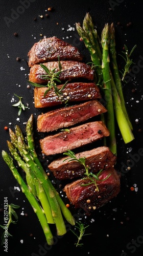 Juicy Grilled Steak Slices Served With Fresh Asparagus on a Black Slate Platter.