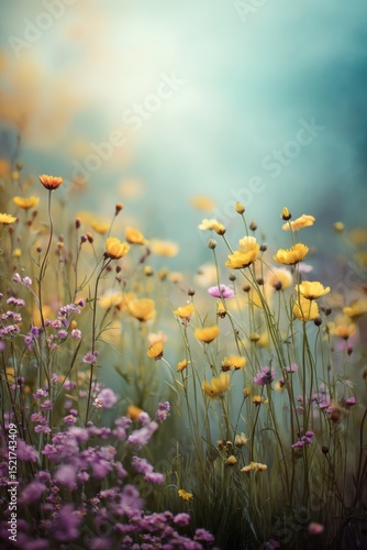 Field of Wildflowers Blooming Under Soft Sunlight in Early Spring Near a Sere...