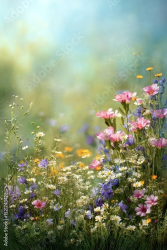 Field of Wildflowers Blooming Under Soft Sunlight in Early Spring Near a Sere...