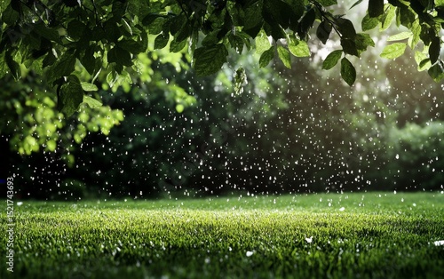 Rain Droplets Fall on a Lush Green Lawn Under Bright Sunlight in a Serene Gar...