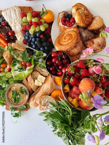 Abundant Summer Spread with Fresh Fruit, Pastries, Bread, and Hummus