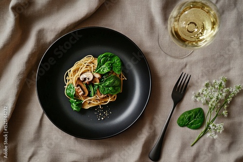 Spaghetti Dish With Greens and Wine Glass on a Tablecloth in Natural Light.