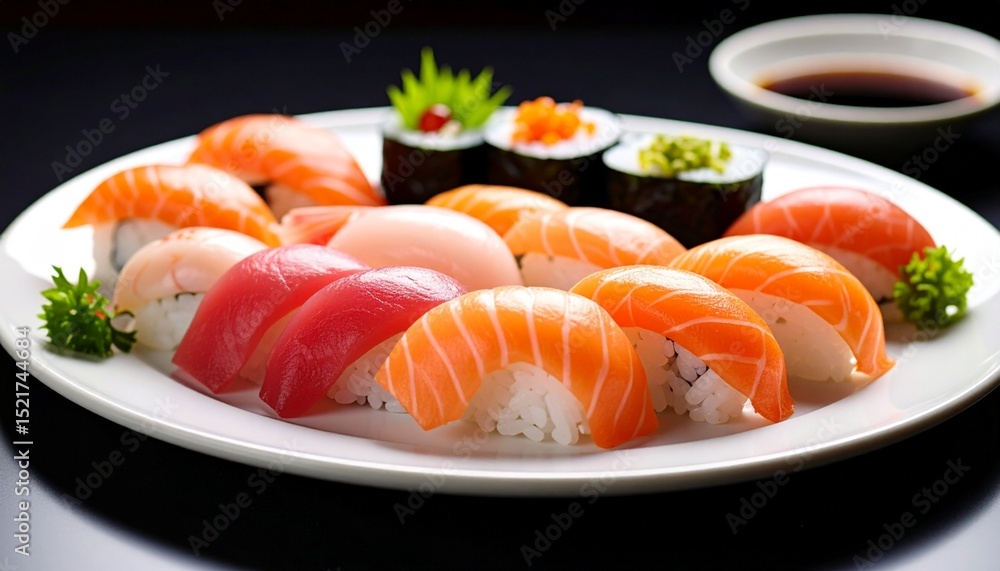 Sushi expertly plated on a plate Sushi expertly plated on a plate