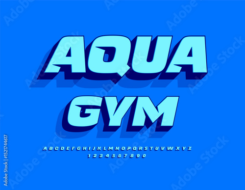 Vector Modern emblem Aqua Gym. Bright Creative Font. Dynamic Digital 3D Alphabet Letters and Numbers set.