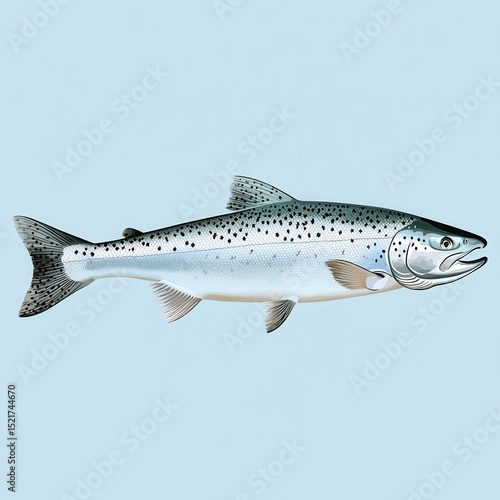 Detailed Silver Salmon Illustration on Light Blue Background