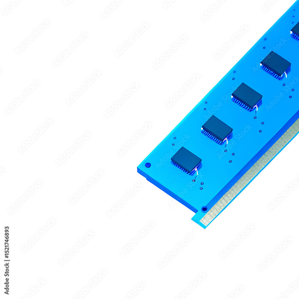 Fototapeta premium Glossy 3D blue computer RAM stick placed diagonally on a clean white background, minimal tech hardware concept with soft lighting and shadow