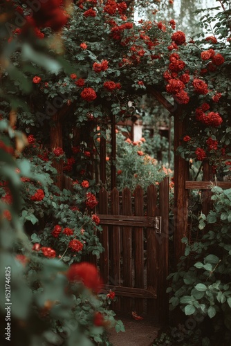 Charming Wooden Gate Surrounded by Vibrant Red Roses in a Serene Garden Setting.